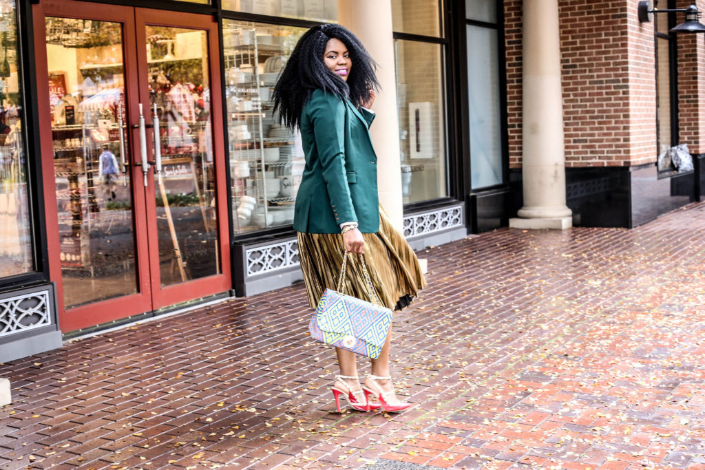 Making a Statement Christmas Style Gold metallic pleated A-line Skirt White Tommy Hilfiger Dress Shirt Green Boyfriend Blazer Rhinestone Embelished Ankara African Print Handbag Red Rock Stud Shoes Statement Necklace Michael Kors Watch Green Sneakers Crossbody bag Macys Dillards Ross Miose Asos Sheinside
