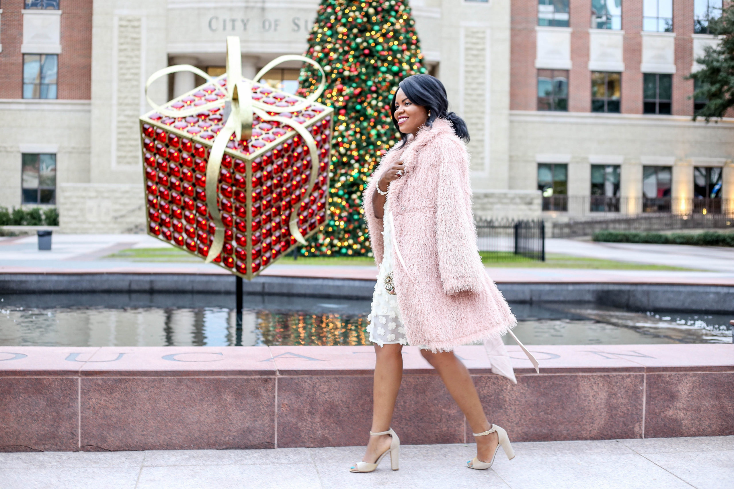 Holiday Party Look Vintage Retro Style Cream Shift Floral Shift Dress Betsey Johnson Carly Heels Sandals Mary Frances Clutch Evening Purse Handbag Blush Pink Faux Fur Frills Shaggy Coat Helzberg Diamonds Pearls Michael Kors Bracelet Watch