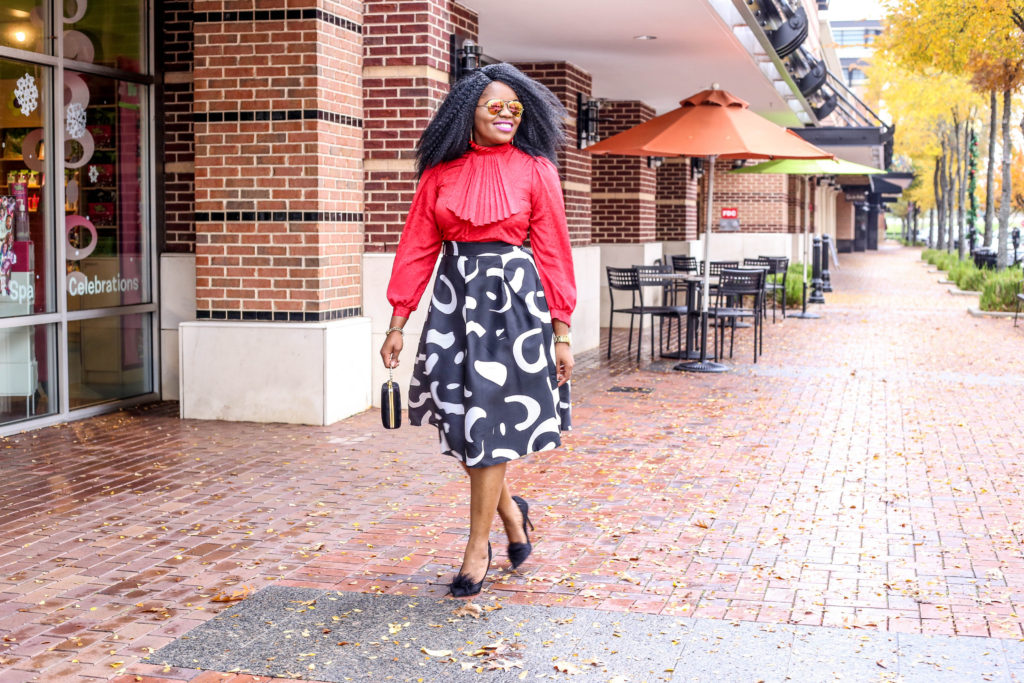 Retro Chic ChigisWorld Vintage High Neck Ruffled Top SheIn Aline Pleated Midi Skirt Betsey Johnson Black Feather Pumps Ross Velvet Clutch Handbag Agaci Sunglasses