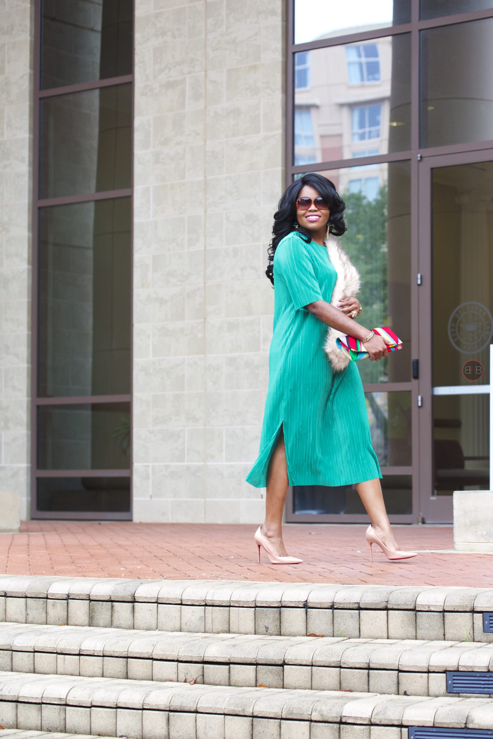 Chigi's World Fashion Lifestyle Travel Blog Swinging into 2017 40s style Asos Swing Shift Tshirt Dress As seen on me Vintage thrift store faux fur Christian Louboutin So Kate Nude Pumps Rainbow handbag Charming Charlie Gold Animal Print Bracelet Multicolored Earrings Michael Kors Rose Gold Watch Retro Sunglasses