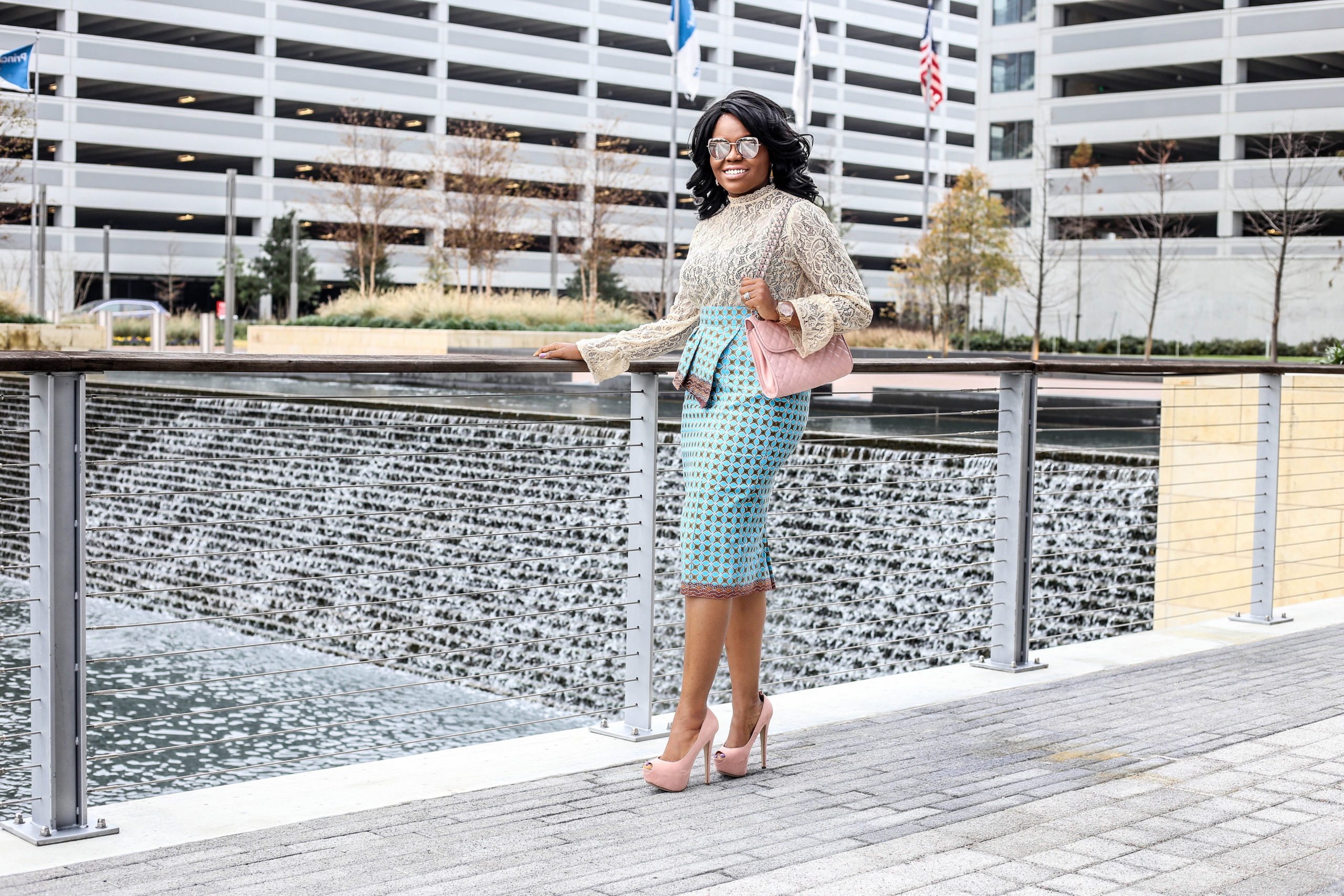 Brick and Lace - 10 Things to Learn from Michelle Obama Nordstrom Nude Lace Top Blue Rina 3reecs Skirt Breckelles Blush Pink Heels Rebecca Minkoff Handbag Agaci Sunglasses Michael Kors Wristwatch