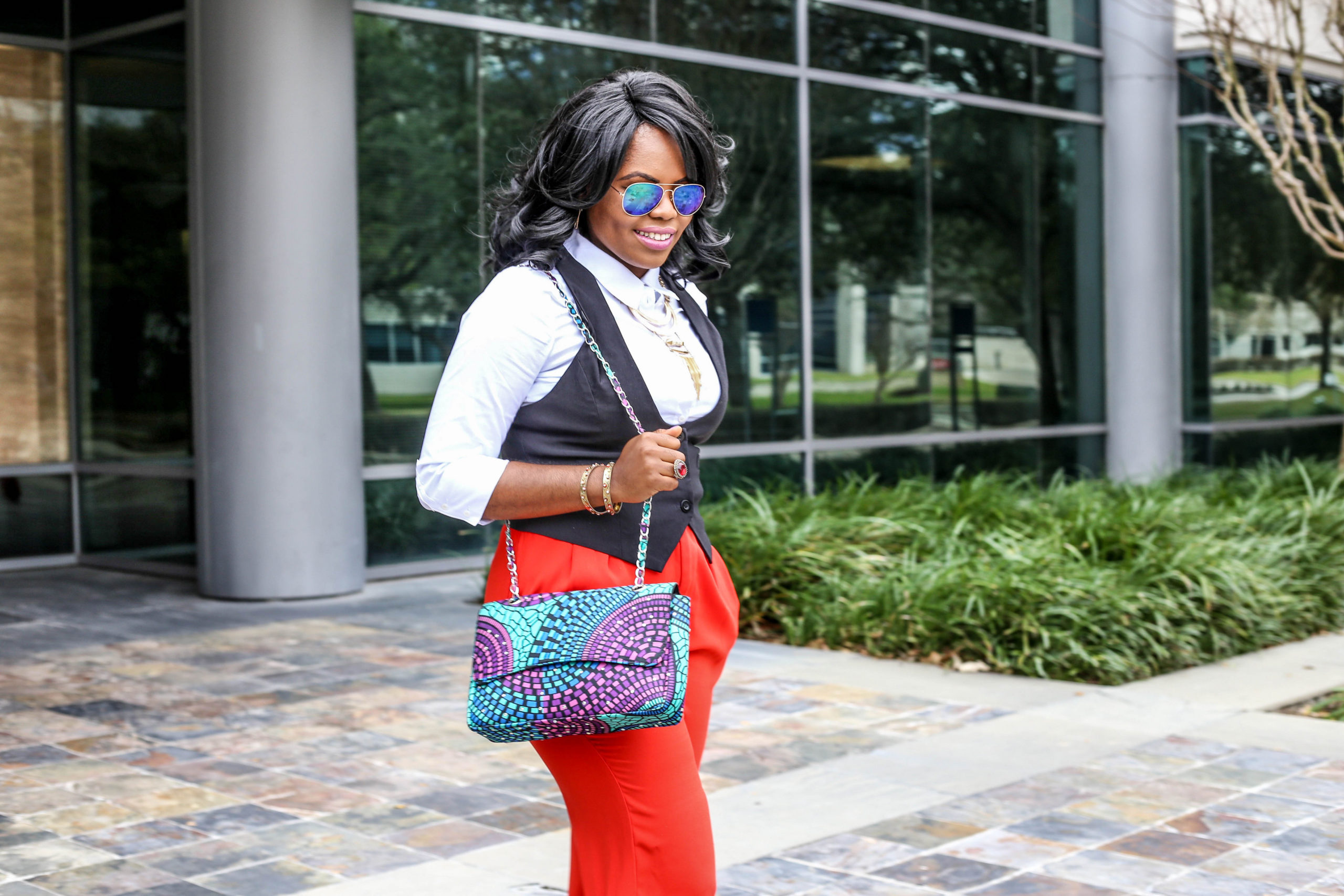 Red Pants + White Shirt + Black Vest = OOTD Alice + Olivia Nordstrom Wide Leg Pants 3reecs Teal Purple Rock Stud African Print Dashiki Ankara Handbag Black White Uvana Madison Shoedazzle Shoes Agaci Sunglasses Gold Statement Necklace