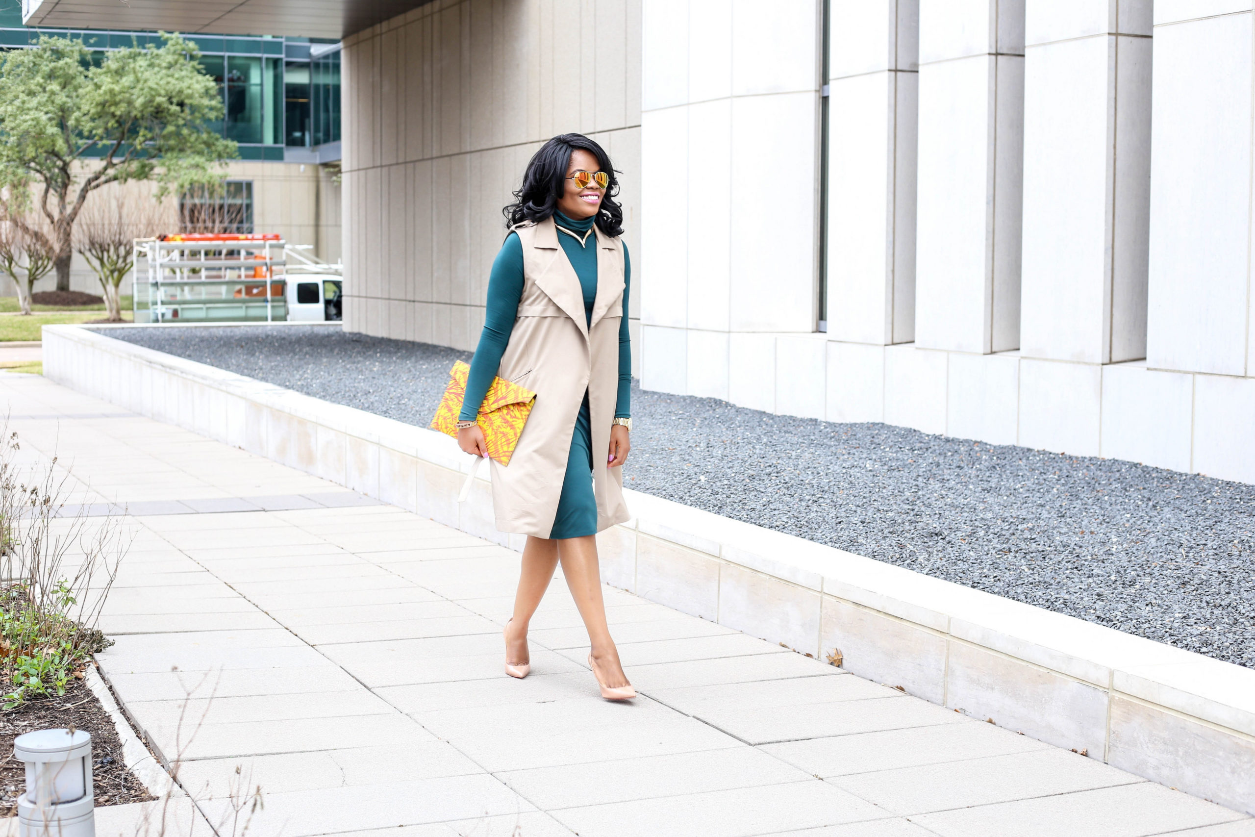 Chigi's World Asos Midi Green Turtleneck Dress + Brown Lightweight Vest Bershka 3reec's Yellow Flame Clutch Handbag Christian Louboutin So Kate Nude Pumps DivAbby Trendz Leaf Vintage Belt Macy's Necklace Bracelet Retro A'gaci Sunglasses Michael Kors Bradshaw Watch