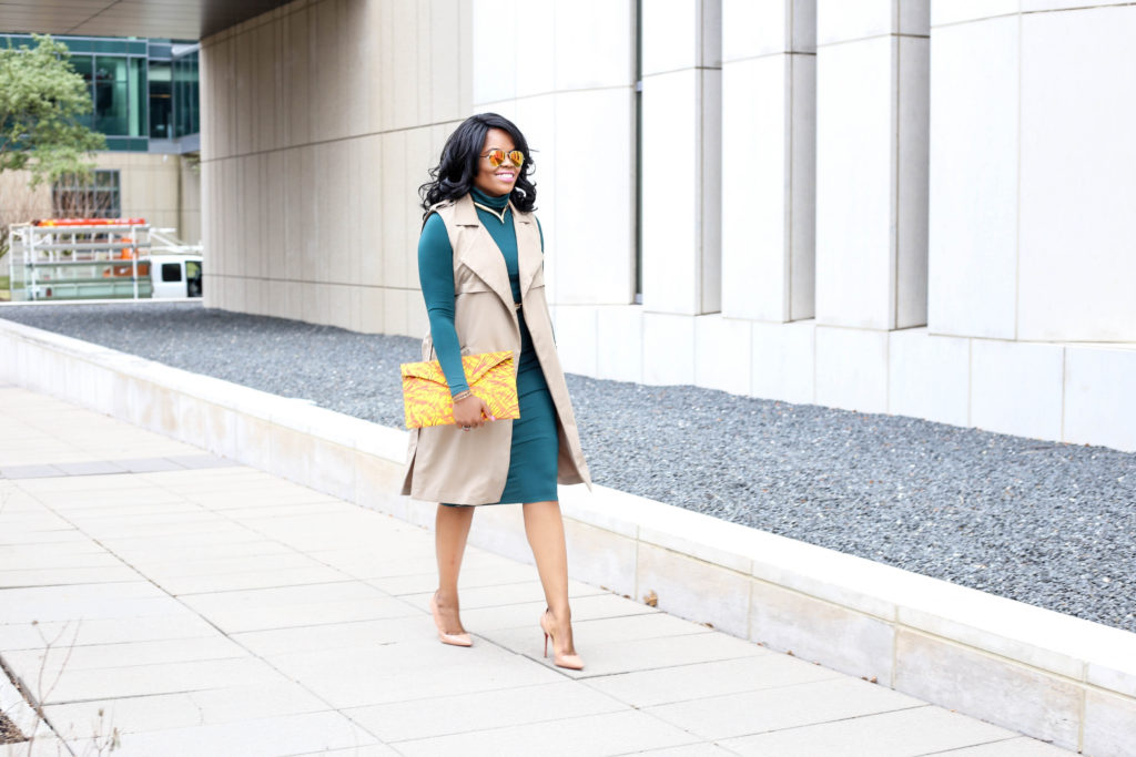 Chigi's World Asos Midi Green Turtleneck Dress + Brown Lightweight Vest Bershka 3reec's Yellow Flame Clutch Handbag Christian Louboutin So Kate Nude Pumps DivAbby Trendz Leaf Vintage Belt Macy's Necklace Bracelet Retro A'gaci Sunglasses Michael Kors Bradshaw Watch