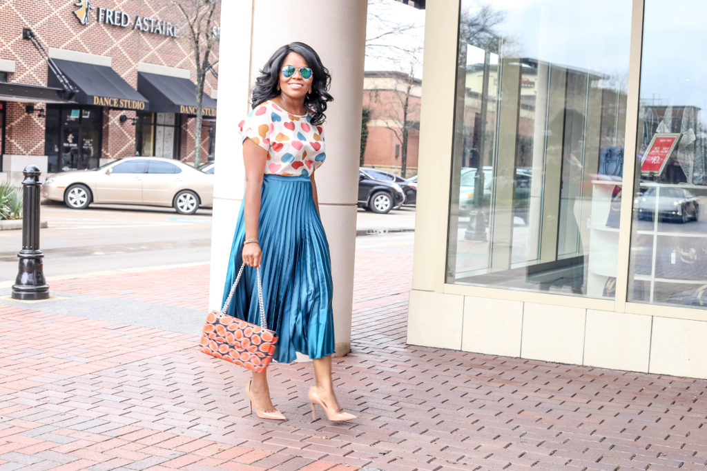 Happy Valentine's Day - With All My Hearts Chigi's World White Short Sleeve Hearts Print Chiffon Blouse Top ASOS Satin Pleated Maxi Skirt So Kate Nude Christian Louboutin Pumps 3REEC's Coral Ankara African Print Shoulder Handbag ALDO Rose Gold Tear Drop Earrings Charming Charlie Animal Print Bracelet Michael Kors Rose Gold Watch