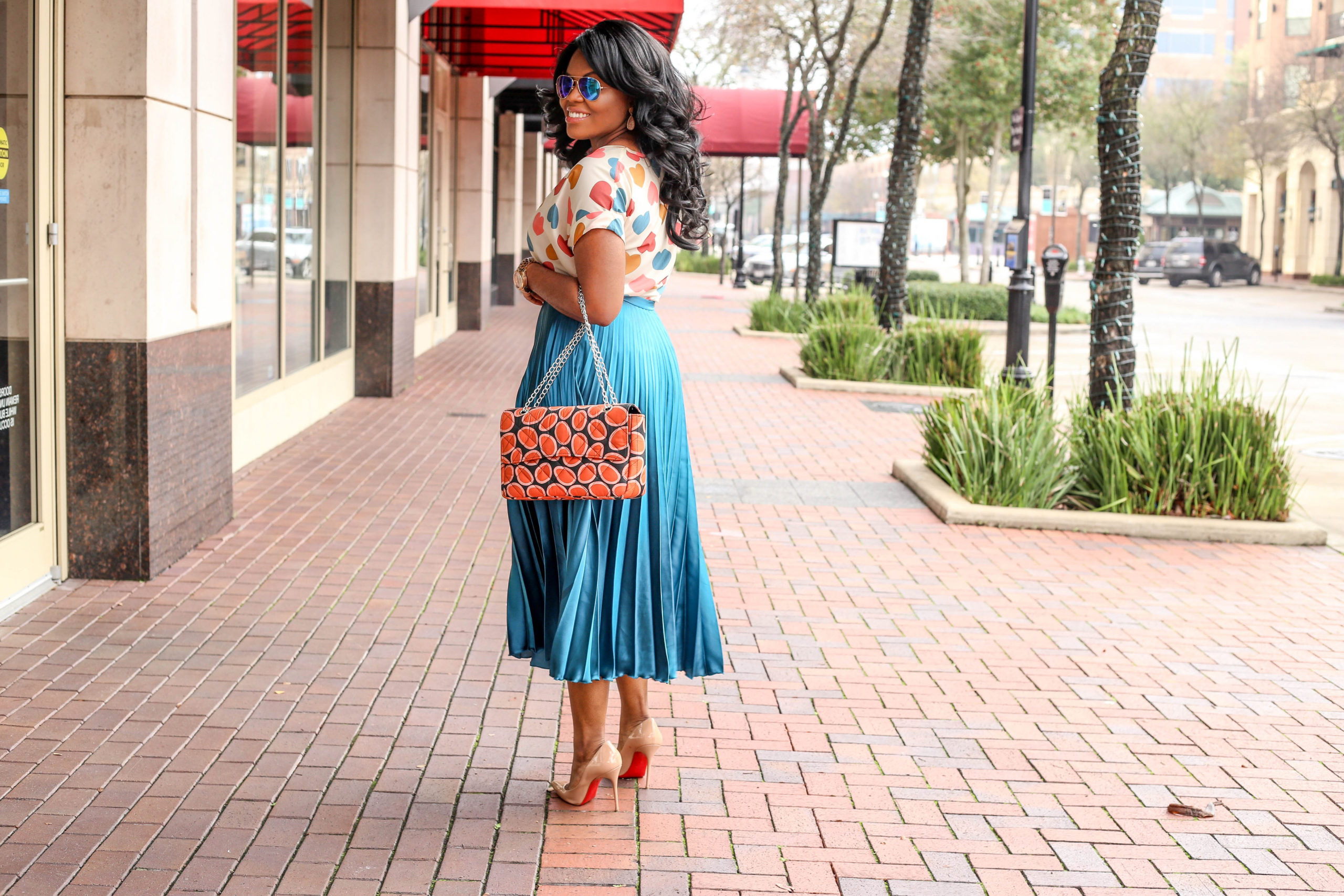 Happy Valentine's Day - With All My Hearts Chigi's World White Short Sleeve Hearts Print Chiffon Blouse Top ASOS Satin Pleated Maxi Skirt So Kate Nude Christian Louboutin Pumps 3REEC's Coral Ankara African Print Shoulder Handbag ALDO Rose Gold Tear Drop Earrings Charming Charlie Animal Print Bracelet Michael Kors Rose Gold Watch