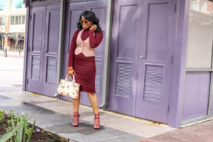 Red Knit Dress + Blush Pink Vest AGACI Burgundy Bodycon Midi Dress Blush Halter Waistcoat West 57th Floral Turnlock Satchel Handbag by Henri Bendel Red Linnie Animal Print Shoedazzle Heels Kenyan Kandy African Print Jewelry