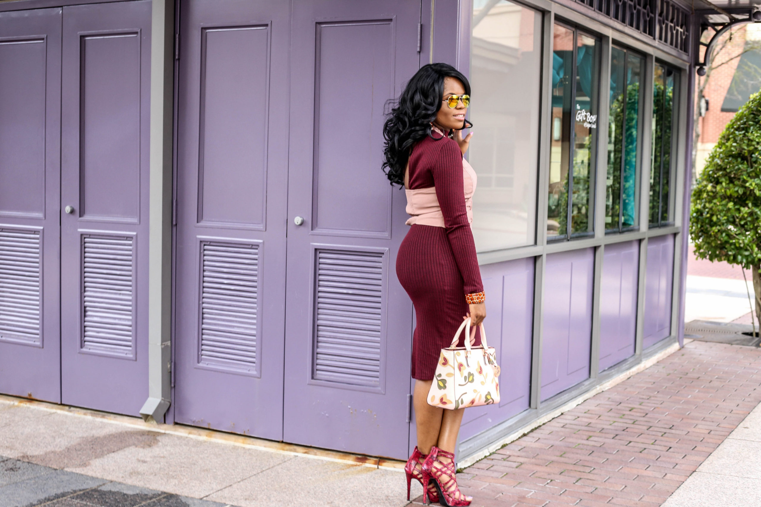 Red Knit Dress + Blush Pink Vest AGACI Burgundy Bodycon Midi Dress Blush Halter Waistcoat West 57th Floral Turnlock Satchel Handbag by Henri Bendel Red Linnie Animal Print Shoedazzle Heels Kenyan Kandy African Print Jewelry