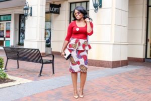 Peplum Skirts + Floral Prints for Spring Red Blouse Top Red White Hibiscus Peplum Floral Pencil Skirt Nude So Kate Christian Louboutin Pumps Blush Black Anne Klein Handbag Bosses in Heels Logo Pin Ladybug Earrings Charming Charlie Bracelet Barbas and Zacari Watch