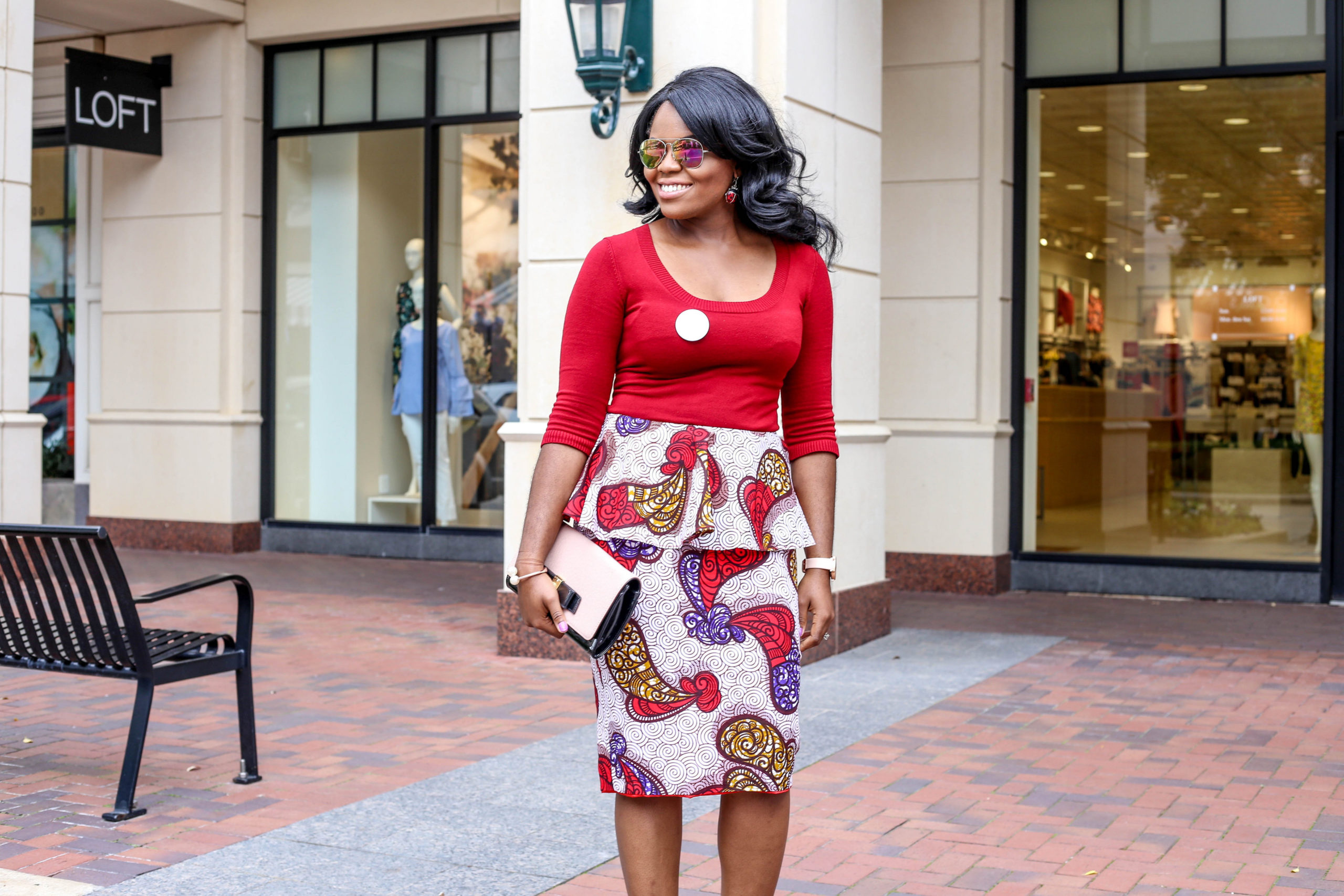 Peplum Skirts + Floral Prints for Spring Red Blouse Top Red White Hibiscus Peplum Floral Pencil Skirt Nude So Kate Christian Louboutin Pumps Blush Black Anne Klein Handbag Bosses in Heels Logo Pin Ladybug Earrings Charming Charlie Bracelet Barbas and Zacari Watch