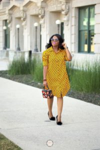 Strutting in a Shirt Shift Dress Chigi's World Spring Summer Style Ankara African Print Tribe of Dumo Yellow Dress Betsey Johnson Ross Pom Pom Pumps DivAbby Trendz Retro 3D Red Flower Embroidery Vintage Evening Clutch Handbag Jordan Gun Metal Breda Souq Watch 3reec's Chic Creations and Collections Beaded Earrings Bracelets