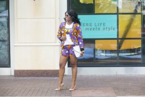 How to Style Ankara for Spring - Blogger Collabo with Queen of Sleeves Chigi's World Queen of Sleeves African Print Dashiki Ankara Styles Blogger Collaboration Spring Lookbook 3reec's Chic Creation and Collections Blazer Shorts Clutch Purse White T-Shirt Denim Pants Christian Louboutin So Kate Pumps Nine West Nora Sandals Charming Charlie Jewelry