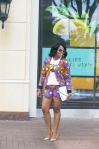 How to Style Ankara for Spring - Blogger Collabo with Queen of Sleeves Chigi's World Queen of Sleeves African Print Dashiki Ankara Styles Blogger Collaboration Spring Lookbook 3reec's Chic Creation and Collections Blazer Shorts Clutch Purse White T-Shirt Denim Pants Christian Louboutin So Kate Pumps Nine West Nora Sandals Charming Charlie Jewelry