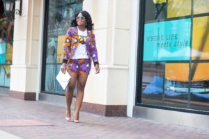 How to Style Ankara for Spring - Blogger Collabo with Queen of Sleeves Chigi's World Queen of Sleeves African Print Dashiki Ankara Styles Blogger Collaboration Spring Lookbook 3reec's Chic Creation and Collections Blazer Shorts Clutch Purse White T-Shirt Denim Pants Christian Louboutin So Kate Pumps Nine West Nora Sandals Charming Charlie Jewelry