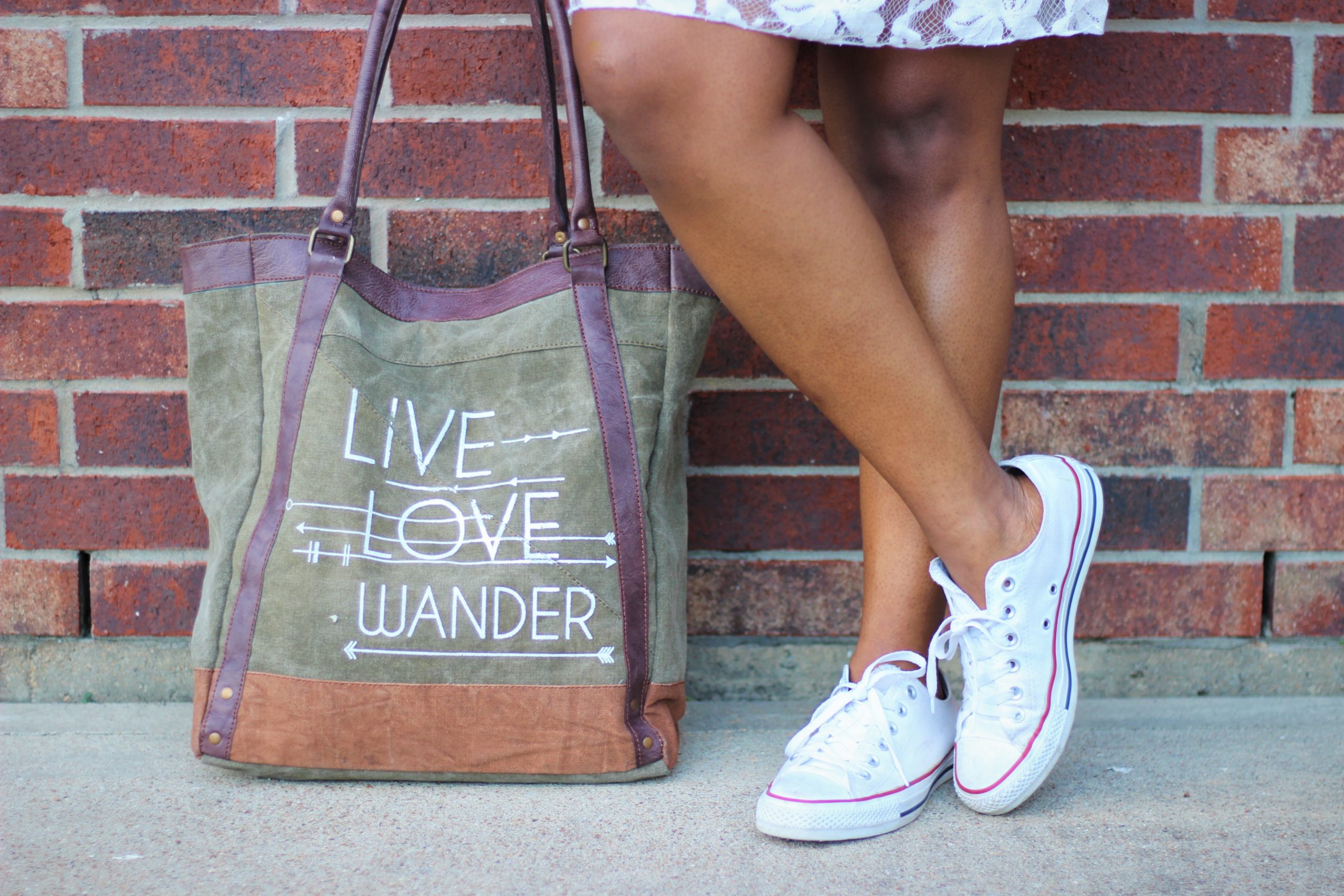 A Lace Dress, Converse and a Statement Bag Chigi's World Ross Look for Less Little White Dress Bell Sleeves Chuck Taylor All Star Footwear Sneakers Mona B Bags Recycled Up-cycled Live Love Wander Canvas Tote Handbag JORD Reece Series Zebrawood and Emerald Wood Watch Jasper Arrowhead Pendant with African Turquoise Beads
