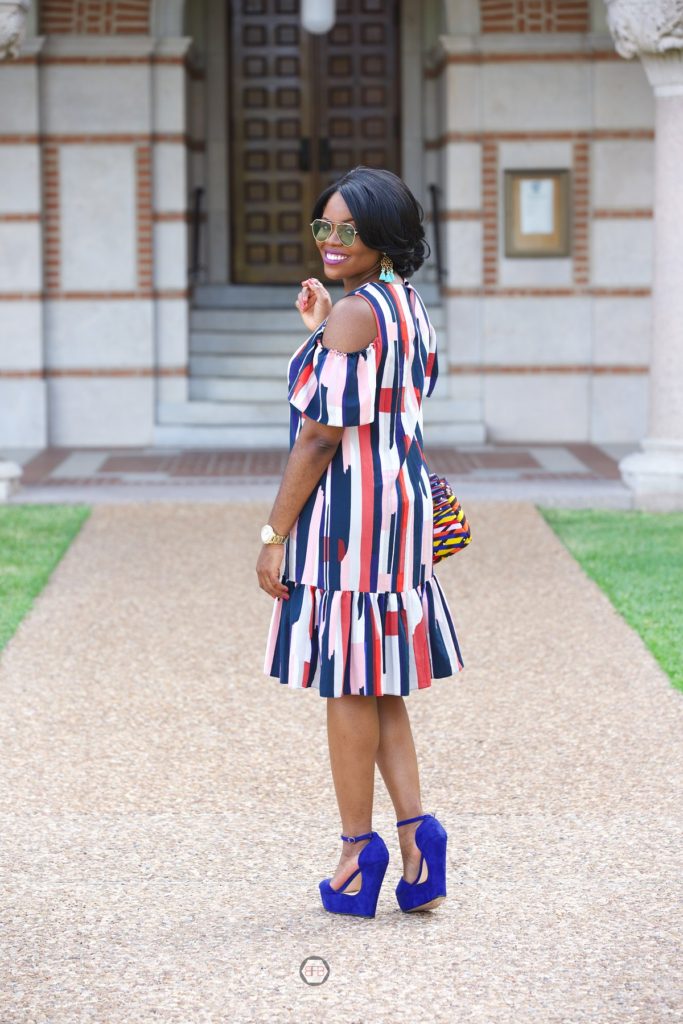 Chigi's World Fun Facts and Fun Colors Asos Multi color cold shoulder stripe dress Ankarastyles Dashiki Kente Wax Print African Print Handbag Cobalt Blue Shoedazzle Wedges Bauble Bar Marquita Tassel Earrings YHF Los Angeles Retro Chic OOTD