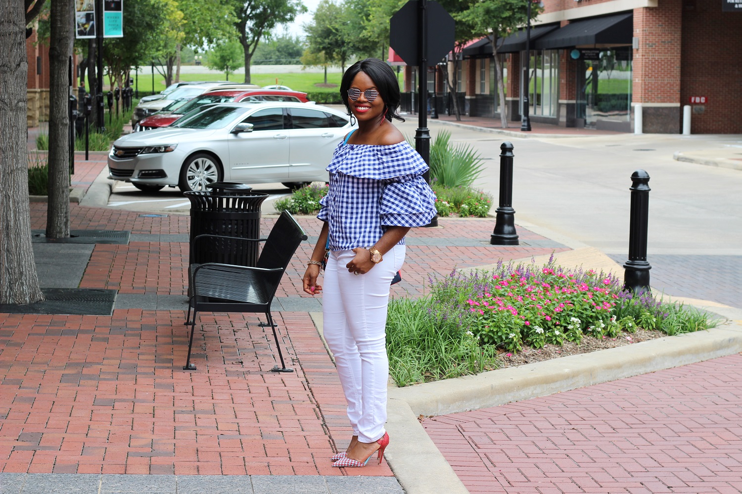 Red Shoes, White Pants and Blue Gingham A'GACI Off Shoulder Ruffle Top Statement Sleeves Macy's White Skinny Denim Jeans Heart Print Shoes Shoedazzle Colorblock Red Blue Handbag Impress by Enny July 4th Independence Day Look American Flag Heart Shape Sunglasses