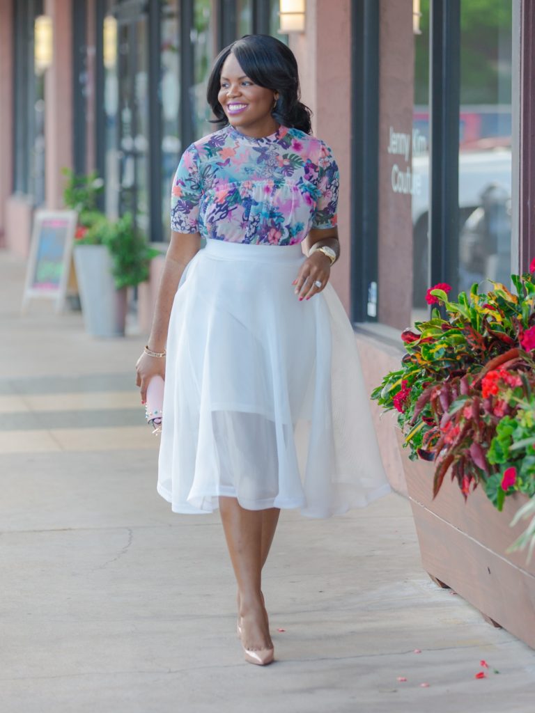 ModChic Couture Summer Style Blue Pink Floral Print Parisian Mesh Gathered Top White A-line Flare Skirt Isabella Chantel Mini Rock Stud Clutch Handbag Charming Charlie Bracelet Michael Kors Watch Christian Louboutin So Kate Nude Pumps