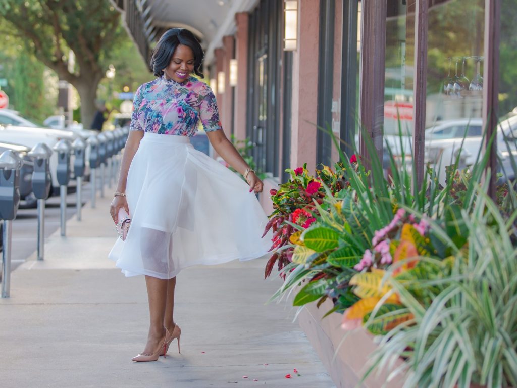 ModChic Couture Summer Style Blue Pink Floral Print Parisian Mesh Gathered Top White A-line Flare Skirt Isabella Chantel Mini Rock Stud Clutch Handbag Charming Charlie Bracelet Michael Kors Watch Christian Louboutin So Kate Nude Pumps