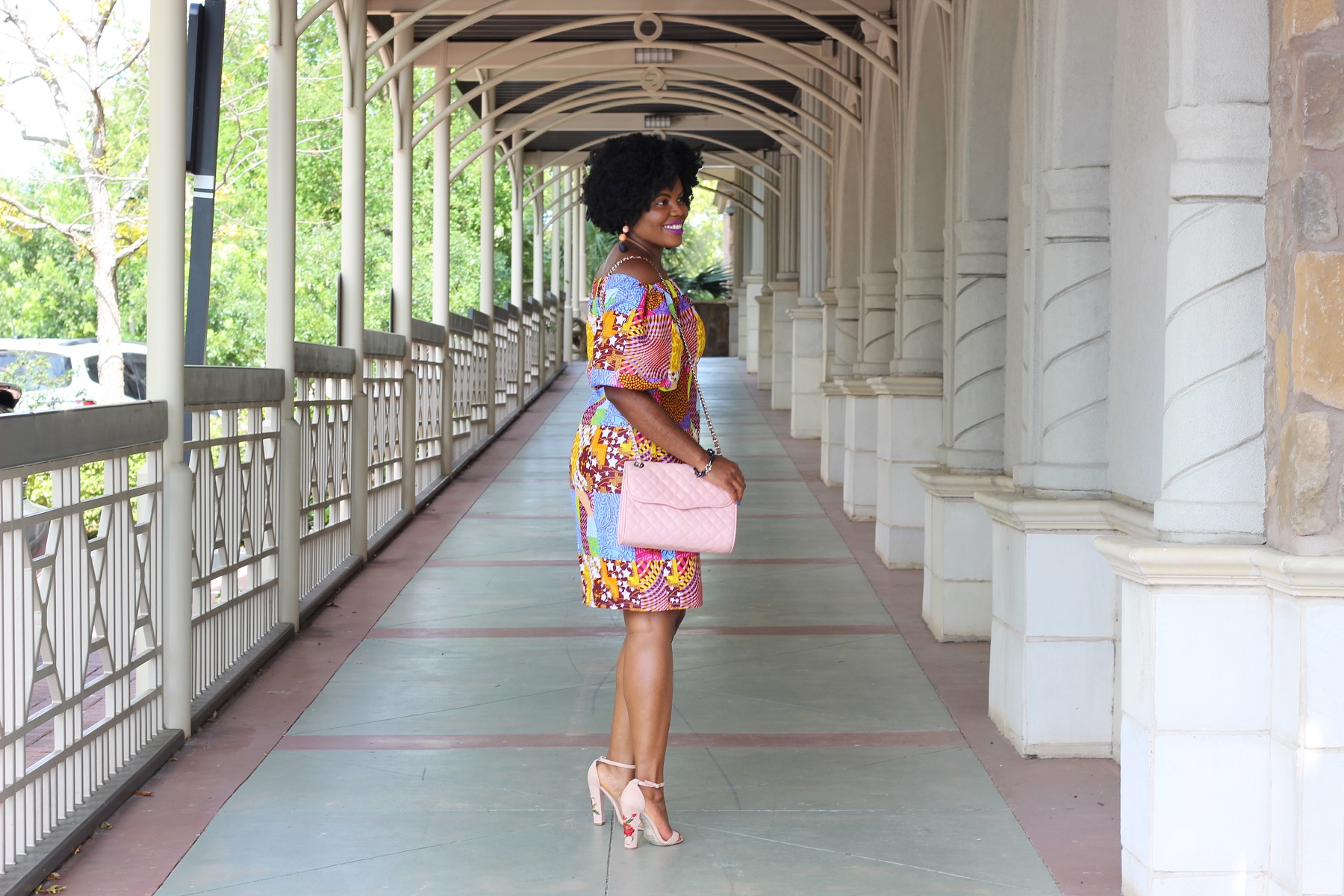 The Multi Colored Dress + My Summer Essentials House of Takura Off the Shoulder Ankara African Print Summer Midi Dress Hazel-02 Ippo Shop Nude Heels Graphite Rock Bracelet from Shimmer by Cindy White Rose Gold Classic Petite Bondi Daniel Wellington Watch Crispin Bauble Bar Earrings Nude Blush Pink Rebecca Minkoff Shoulder Bag