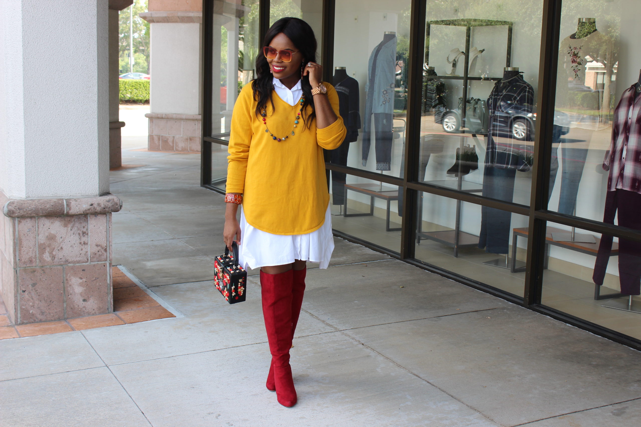 How To Get A Fresh Start in Life Alfani White Shirt Dress Macy's Yellow Knit Sweater Red Over the Knee Shoedazzle Boots Retro 3D Red Floral Embroidery Evening Bag Vintage Handbag Beehive Houston Boutique Sunglasses Houston Fashion Lifestyle Blogger