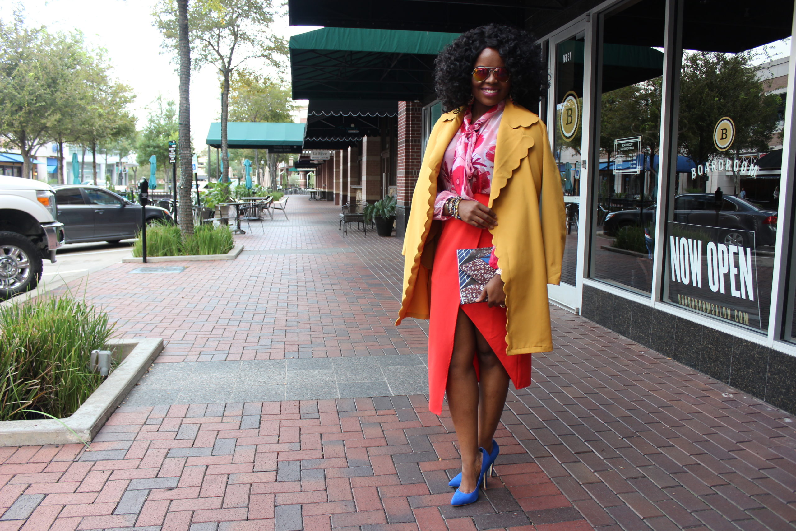How To Mix Colors + Being Authentic Bold Confident Color Block Art Fashion Life Style Eva Mendes Collection NY and Company Red Floral Isabella Bow Blouse Asos Asymetrical Pencil Skirt Missguided SheIn Yellow Scallop Trim Self Belt Coat Blue Shoedazzle Pumps Cobalt Blue Nordstrom Rack DSW Heels African Print Ankara Clutch Purse Handbag 3reec's Chic Creations and Collections