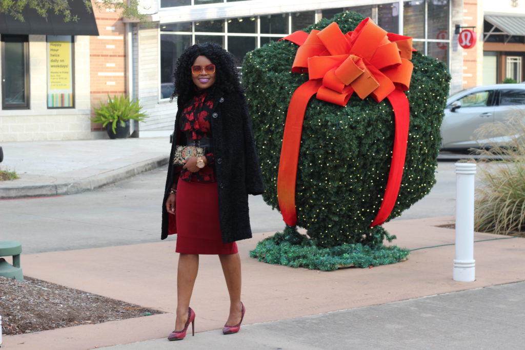 The Gift of Style - 1 Outfit, 2 Looks for your Holiday Party Floral Ruffle Top Red SuitableYou Pencil Skirt Red Shoedazzle Pumps Gold Heels Vintage Embroidered Clutch Purse Shop LC Shopping Links Burgundy Arch Crossbody Handbag Beehive Houston Boutique Sunglasses SheIn Corset Lace-up Belt Christmas Style Holiday Party Lookbok Fall Fashion