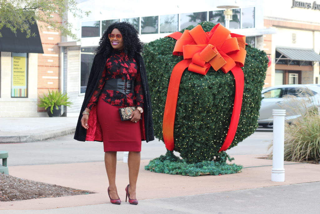 The Gift of Style - 1 Outfit, 2 Looks for your Holiday Party Floral Ruffle Top Red SuitableYou Pencil Skirt Red Shoedazzle Pumps Gold Heels Vintage Embroidered Clutch Purse Shop LC Shopping Links Burgundy Arch Crossbody Handbag Beehive Houston Boutique Sunglasses SheIn Corset Lace-up Belt Christmas Style Holiday Party Lookbok Fall Fashion