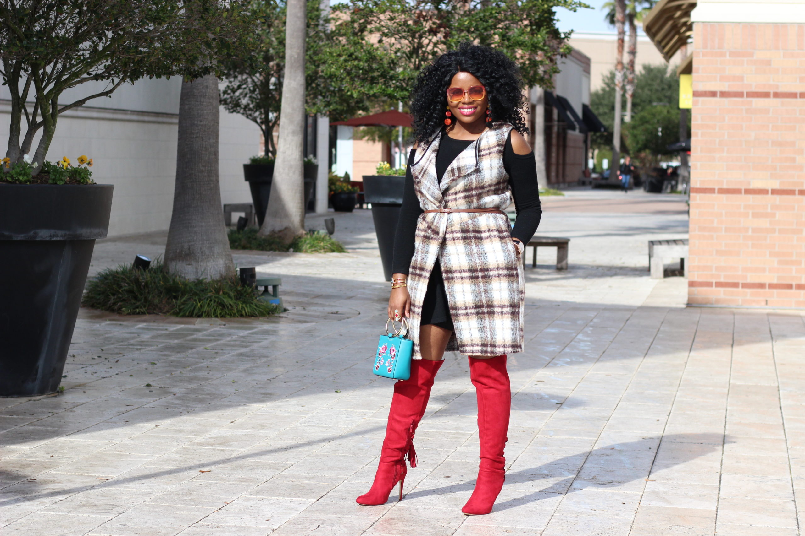 InStyle Inspiration - Plaid Vest and Red Boots + GIVEAWAY Anything Bling Boutique Flannel Vest Red Over the knee boots Shoedazzle shoes Henri Bendel Marquis Embroidered Tote Handbag Little Patrizia Luca Milano Black Dress Cold Shoulder Dress Daniel Wellington BendelGirl